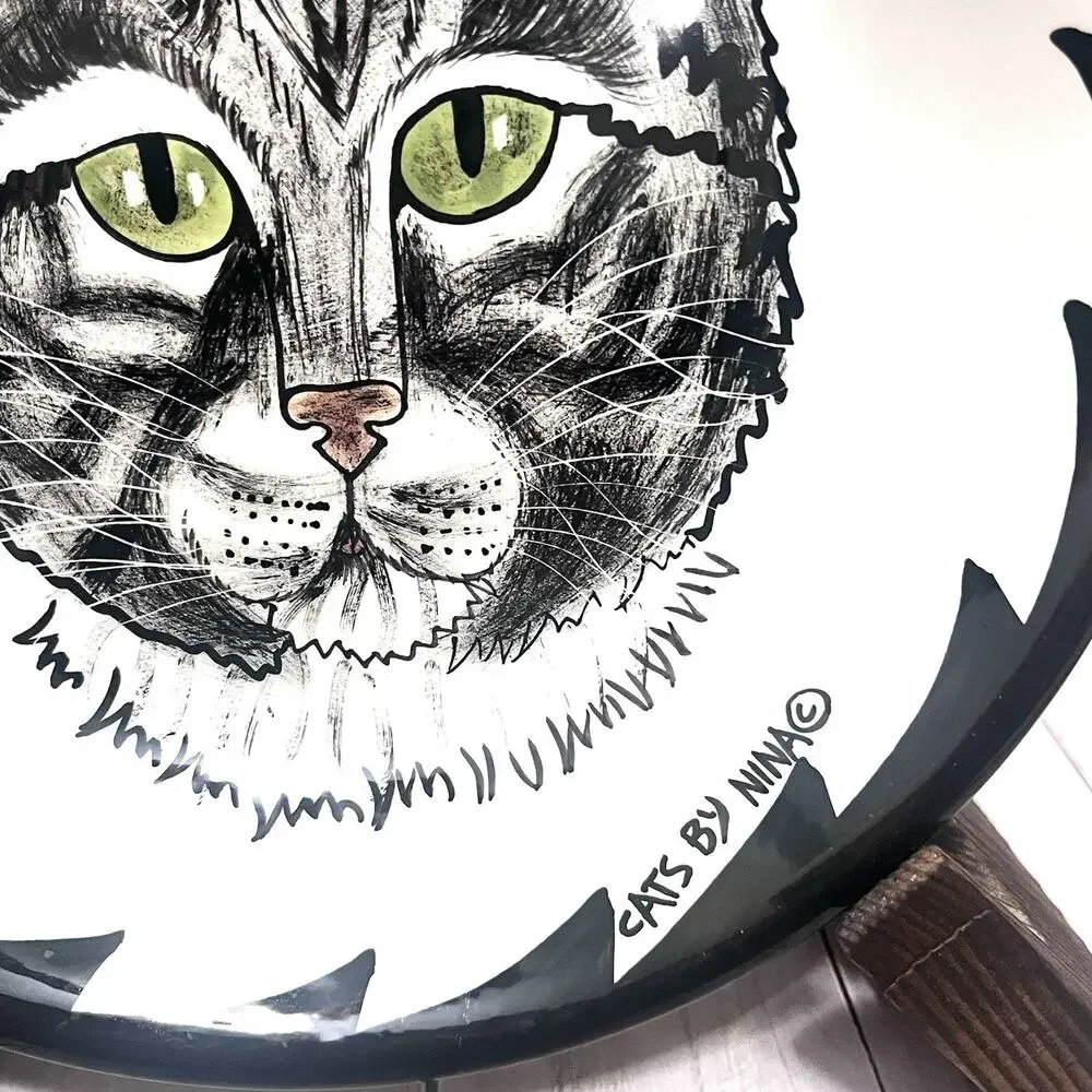 Cats By Nina Bowl Hand Painted Nina Lyman 8 Inches Black Tabby Cat Green Eyes